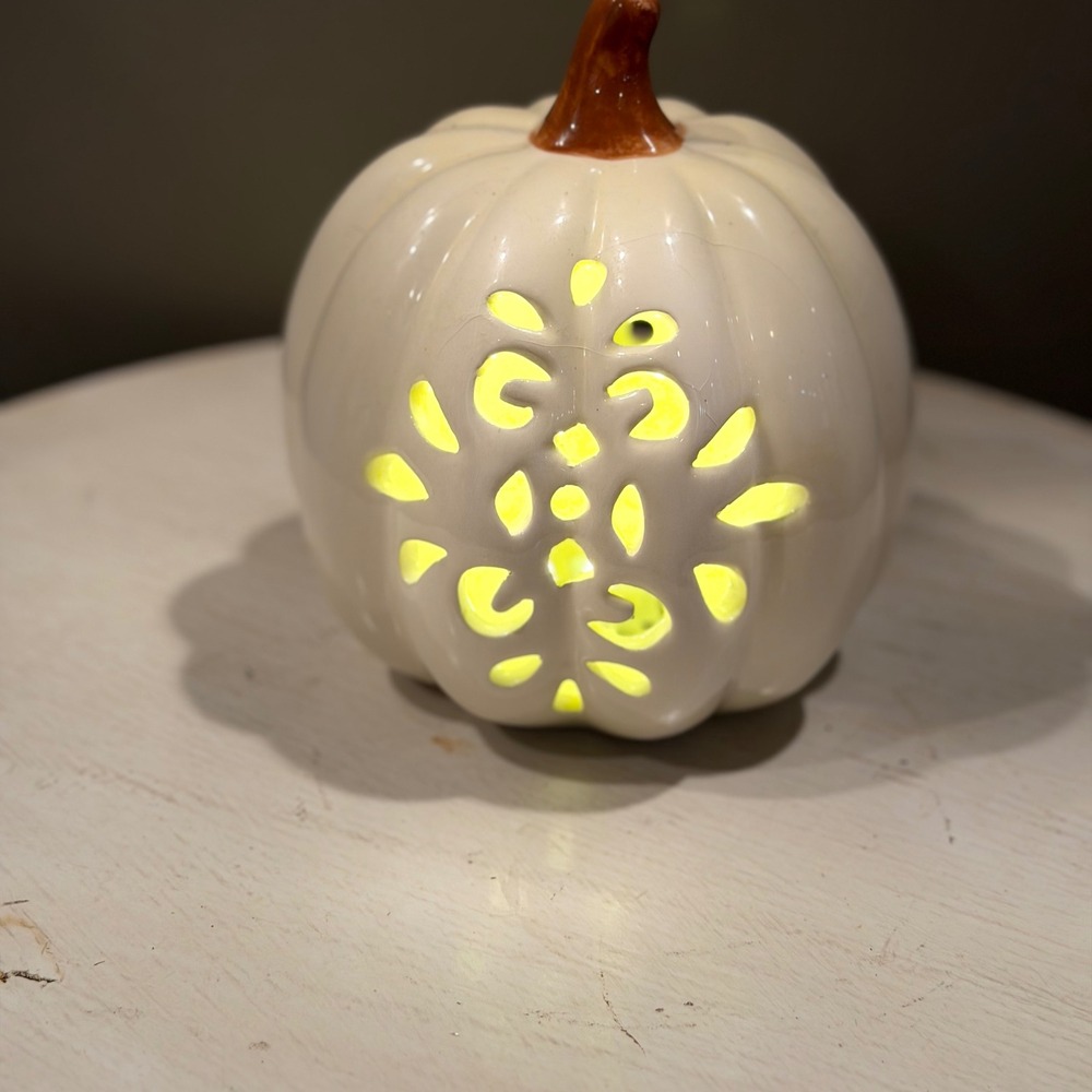 White Ceramic Pumpkin Lantern‎ Cutout LED Light Fall Halloween Decor